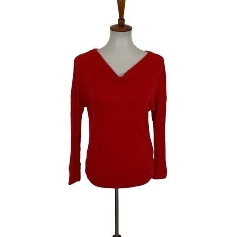Lucky Brand Red Waffle Knit V Neck Pullover Sweater Medium Casual‎ Cozy Fall Top